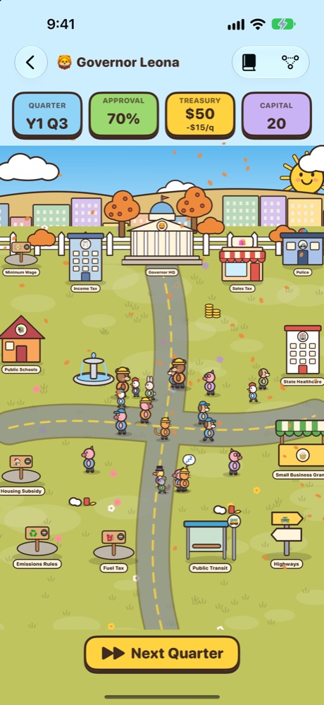 The town of Bramblewood: buildings for each policy, roads, and animal townsfolk with mood bubbles