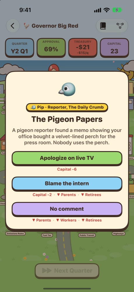 An event card from Pip the pigeon reporter with three choices